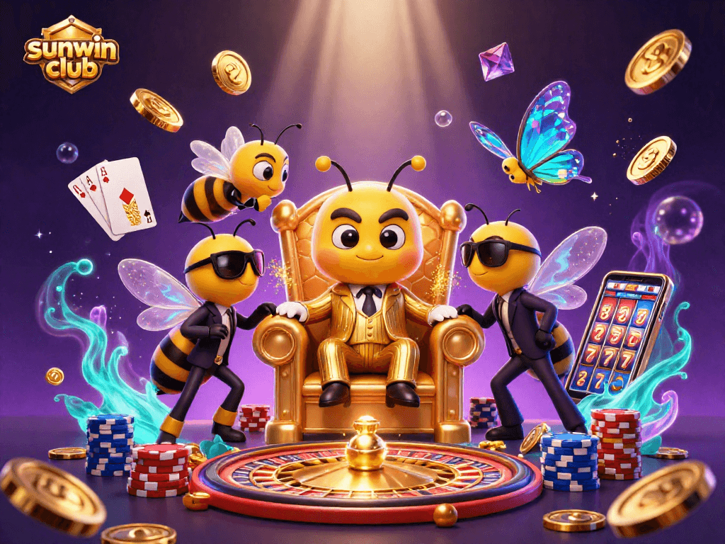 Experience thrilling gaming action at sunwin club with vibrant 3D casino elements and unique characters.