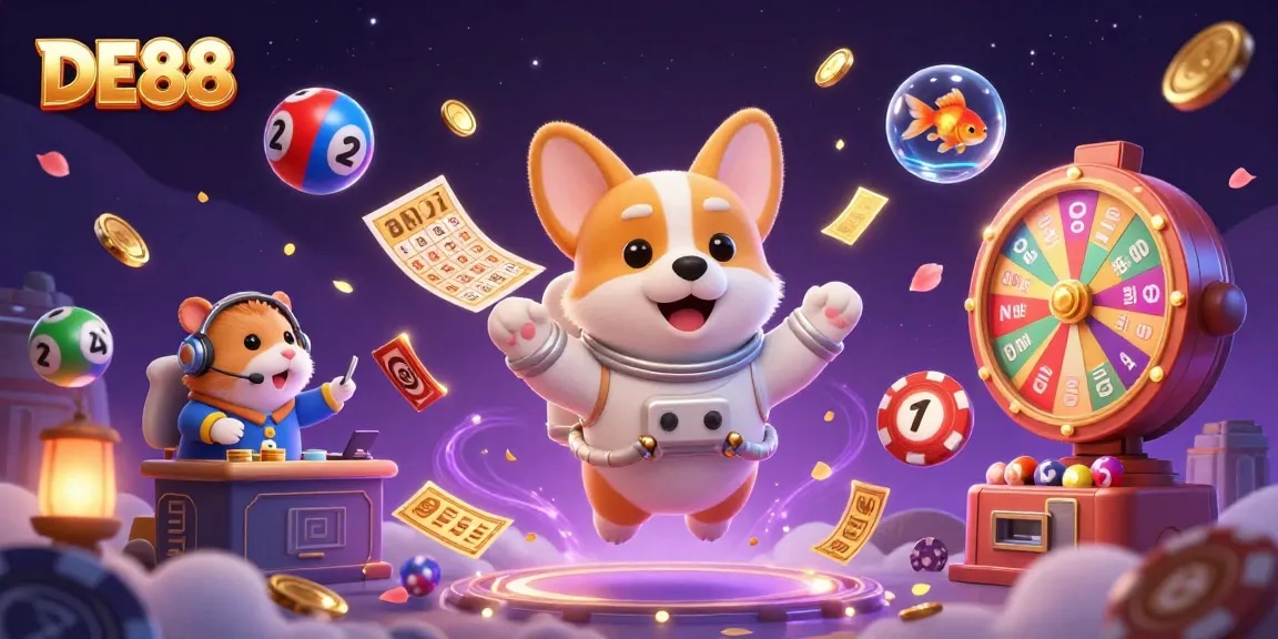 Engage with the DE88 space casino as the astronaut corgi plays amid vibrant lottery elements.