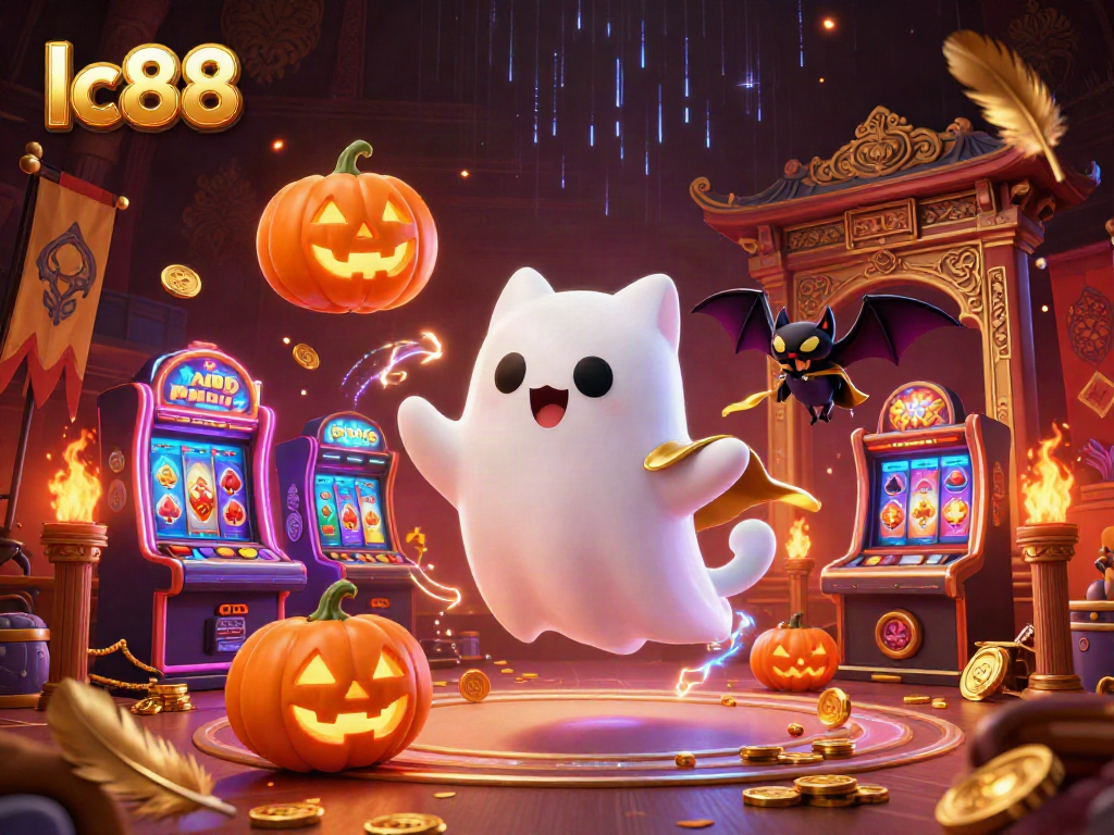 Engage with the energizing lc88 casino scene featuring a ghost cat and vampire bat amidst swirling gold in dynamic play.