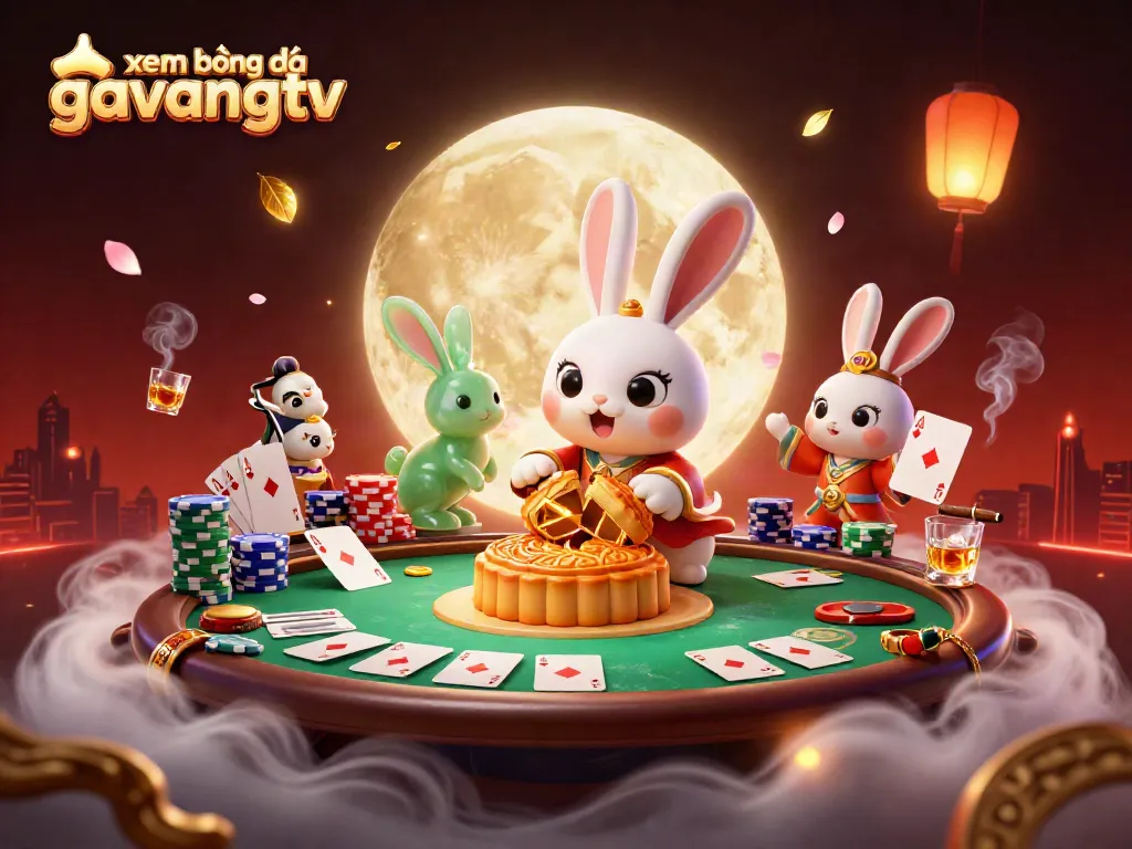 Experience xem bóng đá gavangtv with a moon rabbit at a dynamic card table, showcasing immersive gaming elements.