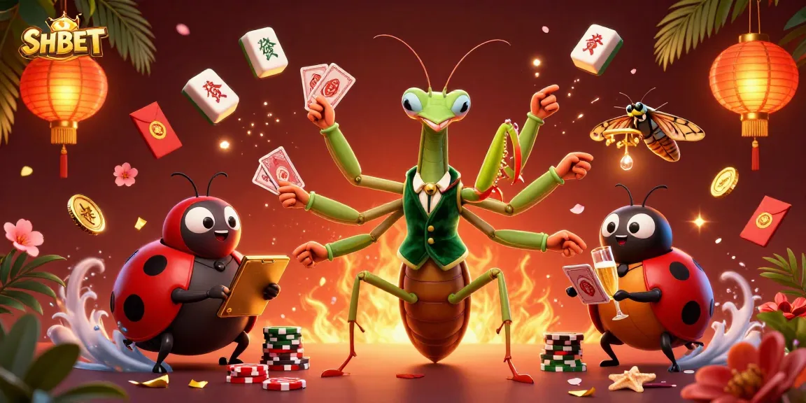 Engage with SHBET's vibrant casino scene featuring a giant mantis and ladybug in a spectacular gaming environment.