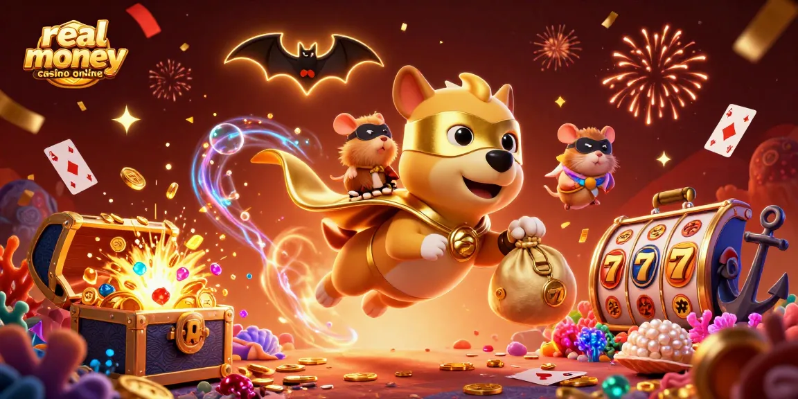 A cartoon superhero dog and hamster promoting real money casino online with dynamic casino elements and confetti.