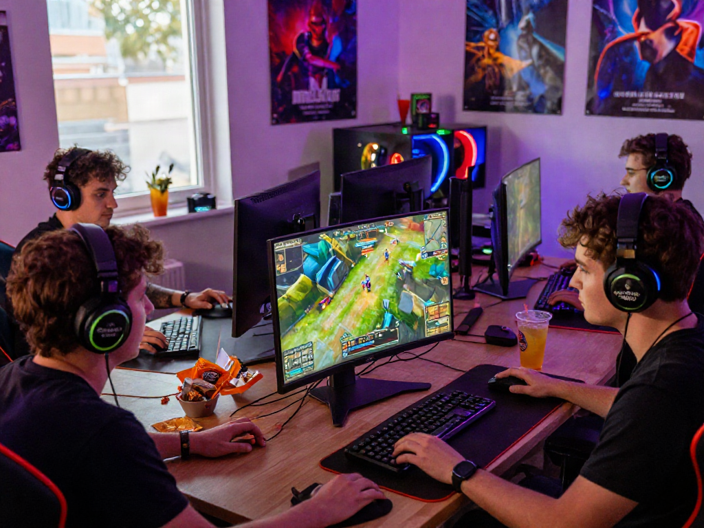 Engaging rokok88 daftar gaming scene with players using vibrant setups and competitive atmosphere.