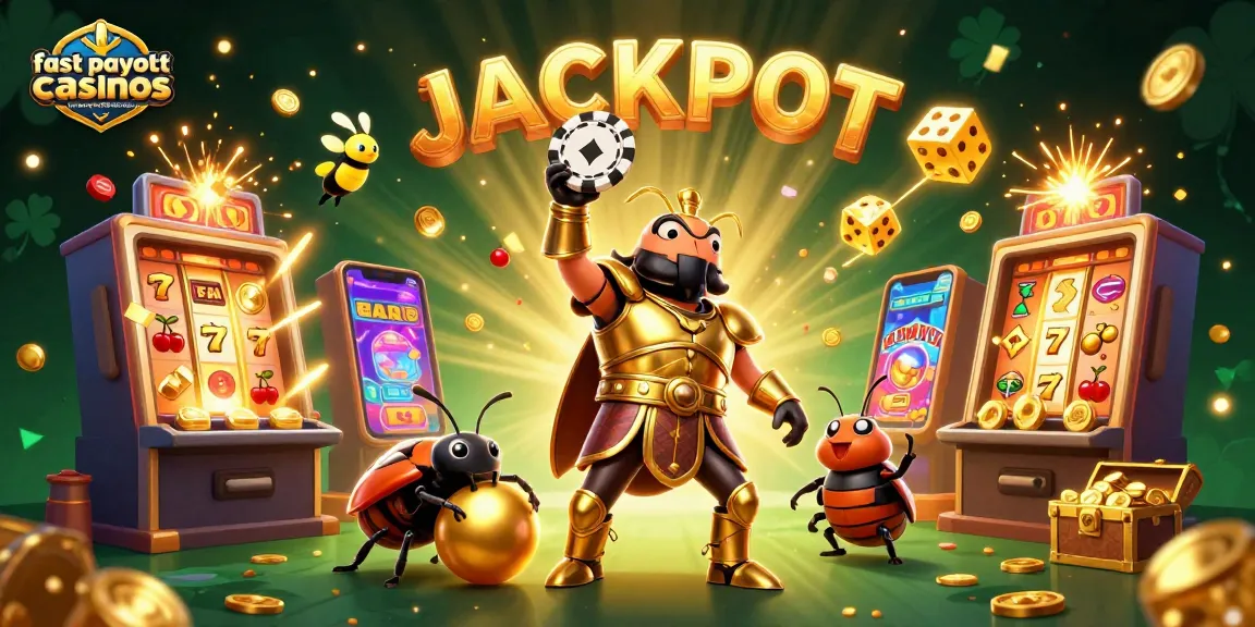 Engage with fast payout casinos online with instant withdrawals featuring a heroic beetle in a vibrant casino scene.