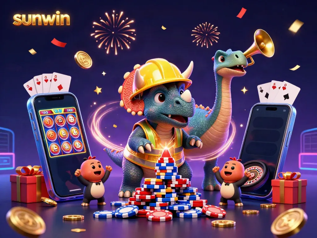 Experience thrilling wins at sunwin with vibrant slot games, poker chips, and celebratory characters.