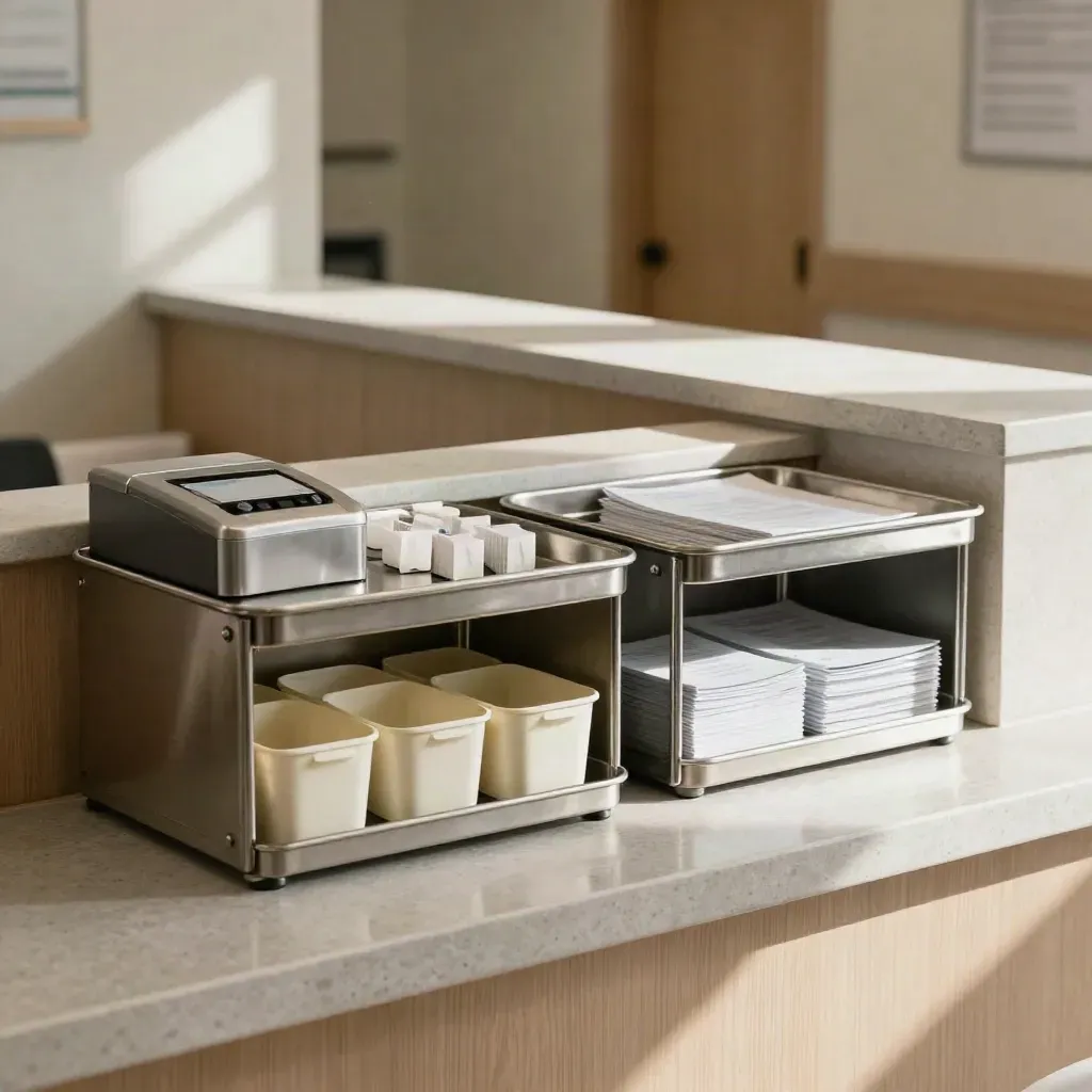 Tom klinikreception med två ordnade brickstationer och en biljettutdelare i lugnt ljus.