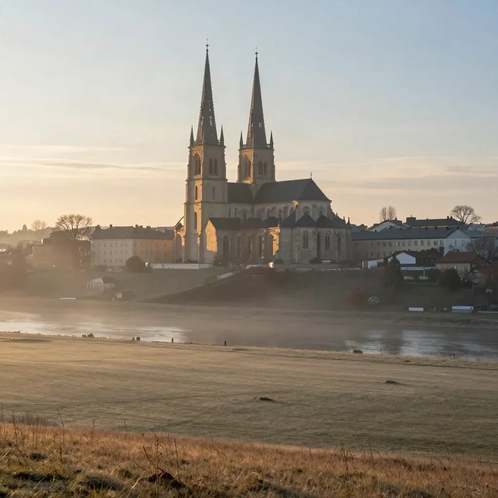 Uppsala domkyrka över dimmig slätt i gyllene kvällsljus
