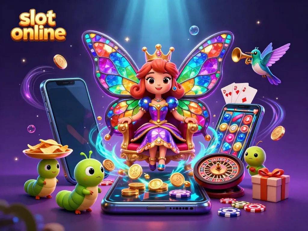 Experience the excitement of slot online with a dazzling 3D illustration featuring a butterfly queen and gaming elements.