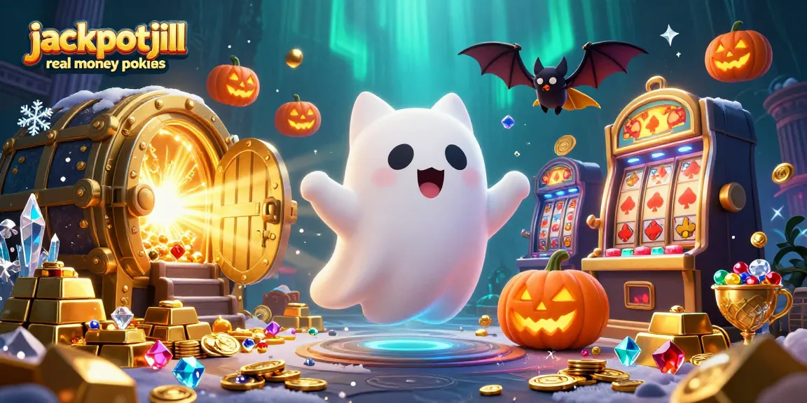 Explore jackpotjill real money pokies with a lively haunted casino scene featuring a ghost cat, vampire bat, and glowing pumpkins.