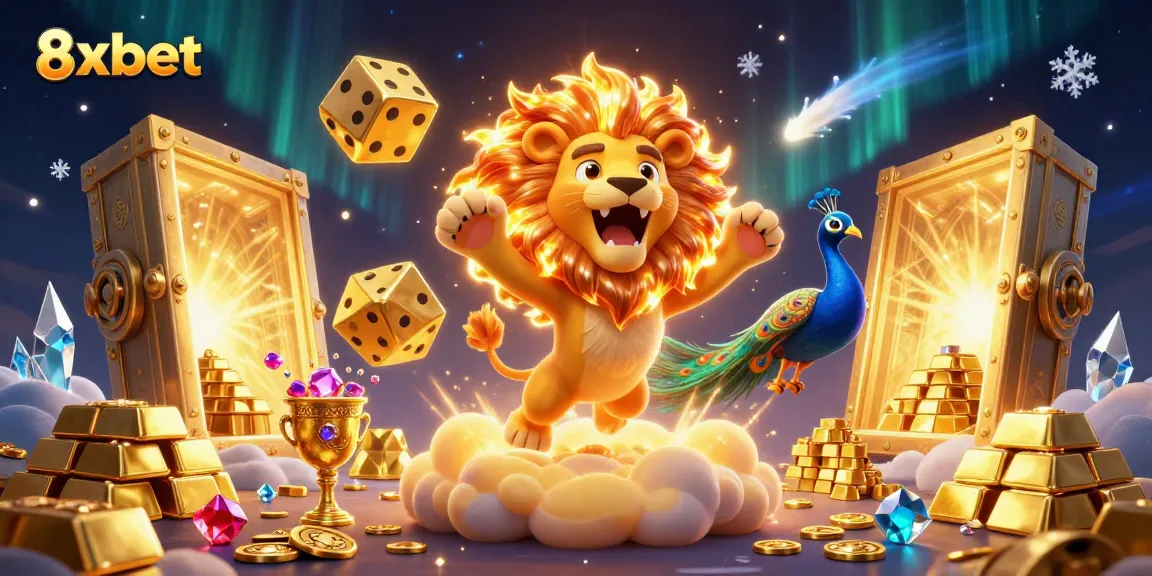 Experience the exciting 8xbet casino world with dynamic 3D illustrations of vibrant characters and gold treasures.
